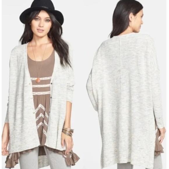 Free People Light Heathered Gray High Low Oversized Cardigan Button Front Large - Picture 1 of 8